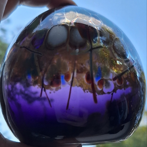 Hand Blown Glass Oil Lamp Orb or Bud Vase Artist Signed Mosaic Color Marble Ball - Picture 15 of 16